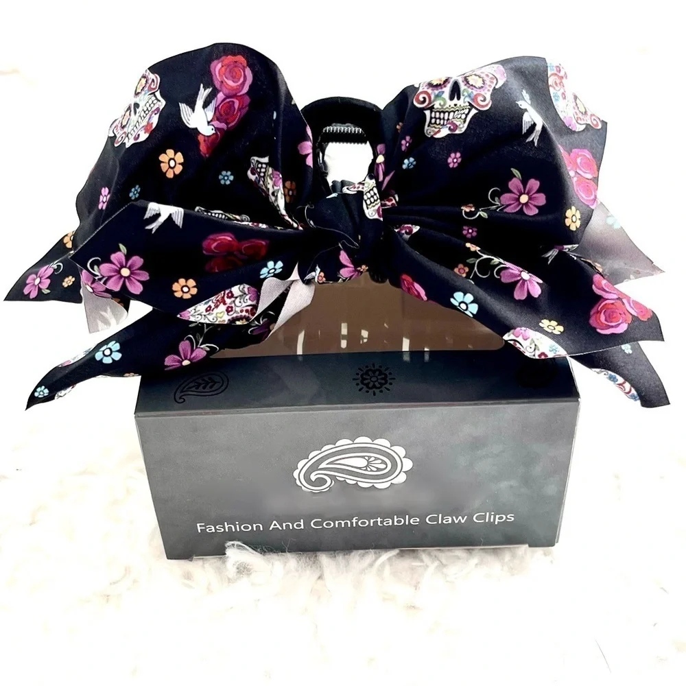 LARGE Claw Clip Floral & Skull Hair Bow!